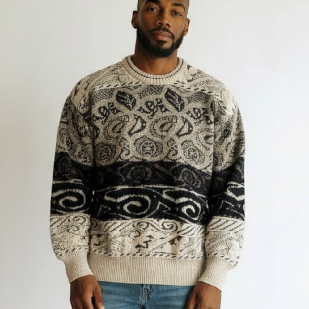 Vintage The Italian Sweater Co Mens L Gray Blk Abstract Geometric Knit Crewneck